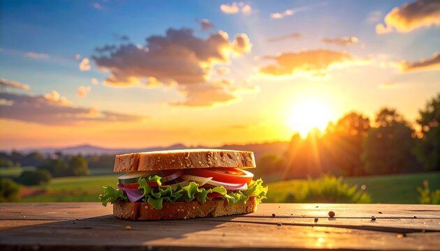 A delicious looking sandwich rests on a rustic wooden table, against a backdrop of a vibrant sunset over a scenic landscape.