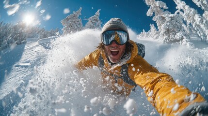 Exciting moment of a snowboarder enjoying fresh powder on a sunny winter day