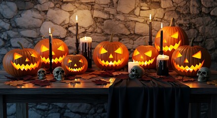 Spooky Halloween Pumpkin Carving Display with Candles and Skulls
