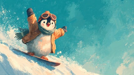 Penguin snowboarding down a snowy slope with excitement and style