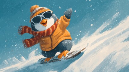 Penguin wearing sunglasses snowboarding joyfully down a snowy hill on a winter day