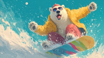 Polar bear snowboarding with sunglasses and bright winter attire in a vibrant setting