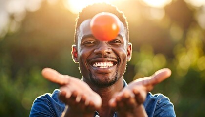 Smiling Man Catching Red Fruit Outdoors with Natural Sunlight