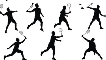 Dynamic badminton player silhouettes in action poses with rackets and shuttlecocks, sports vector illustration for fitness, training, competition design”