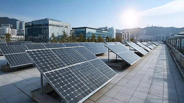 Solar panels generate energy on a rooftop in an urban area