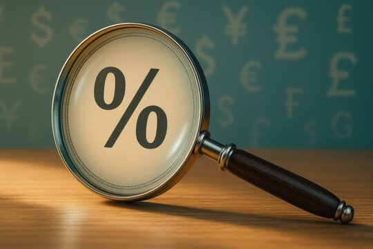 Magnifying glass showing bold percent sign with blurred currency symbols in background
