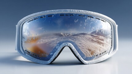 Beautiful snowy landscape reflected in frozen ski goggles set against a clear blue background