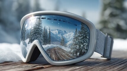 Creative winter landscape reflected in ski goggles near a snowy mountain
