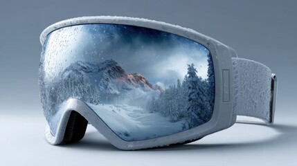 High-quality ski goggles reflecting a snowy mountain landscape under bright winter conditions