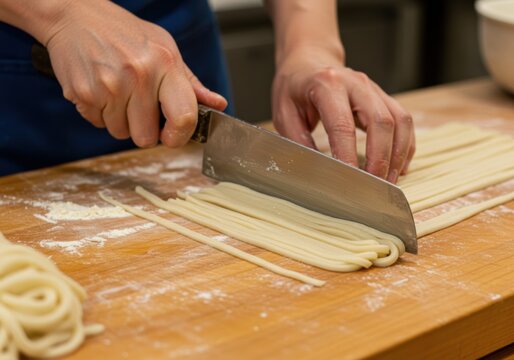 Chef cutting fresh udon noodles on a wooden cutting board