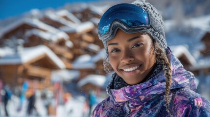 Smiling female skier poses in colorful outfit at snowy mountain resort during bright day