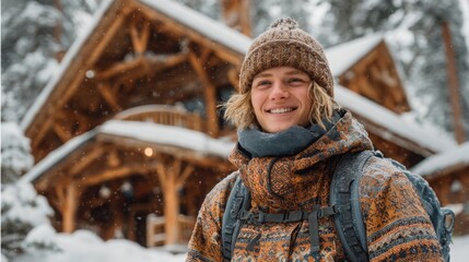 Winter outdoor adventure with a smiling young person near a cozy cabin in snow