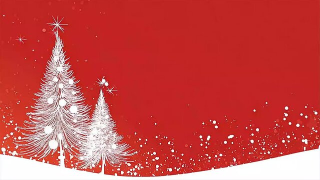 Christmas trees sparkle against a red background with falling snow