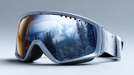 Stylish ski goggles showcasing a mountain landscape with evergreens and a serene view