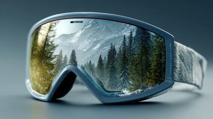 High-tech ski goggles showcasing stunning mountain landscape in reflective lenses
