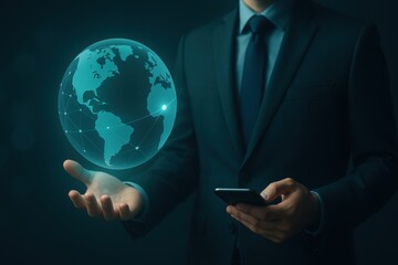 Man in suit holding smartphone and glowing holographic globe with global connection points
