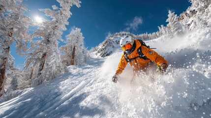 Skier carving through fresh powder snow on a sunny mountain slope