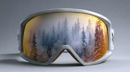 Unique snow goggles reflecting a serene winter forest landscape with mist and tall trees
