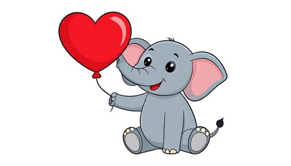 Obraz premium A cheerful cartoon elephant holds a big red heart-shaped balloon, displaying a friendly and adorable expression.