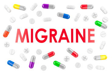 Migraine concept with pills and capsules. 3D rendering