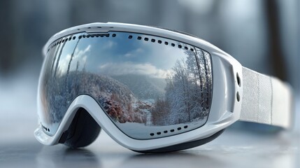 Snow goggles reflecting a serene winter landscape with mountains and trees