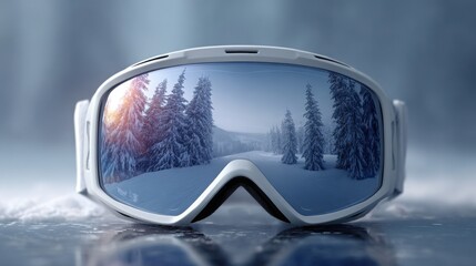 Ski goggles reflecting snowy winter landscape with tall trees in serene setting
