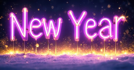 Bright neon text spells New Year over sparkling snow. Festive illumination creates celebratory mood, dark background enhances glow.