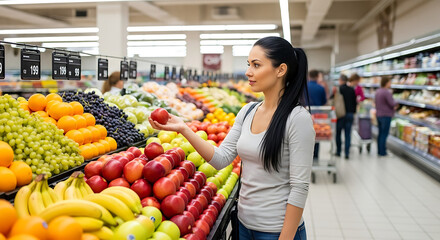 Woman selects fresh apple in the produce section of a grocery store surrounded by colorful fruits on display Shopping healthy