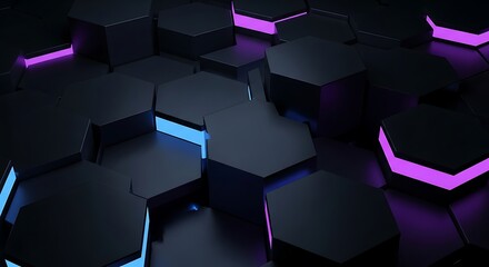 Dark hexagonal grid with neon blue and purple glowing edges futuristic abstract