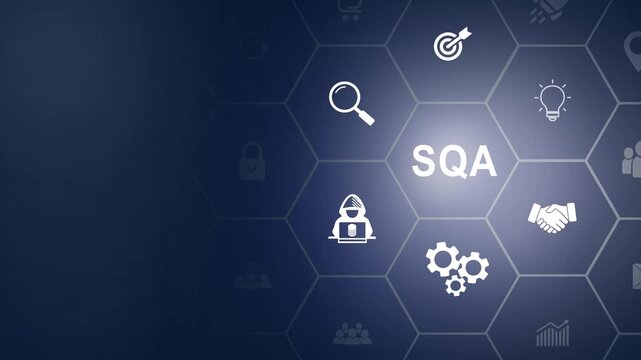 SQA, Software Quality Assurance concept. Verifying a software meets the required quality standards and user or customer's needs and expectations. Testing, inspection icon background animation