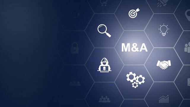 Business mergers and acquisitions concept. Share acquisition, asset business acquisition, amalgamation. Business review and development model. The abbreviation M and A on icon background animation