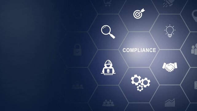 Compliance and regulation concept. Enforcement of laws, regulations, and standards, requirements, internal policies and procedures. Minimize legal and financial risks icon background animation