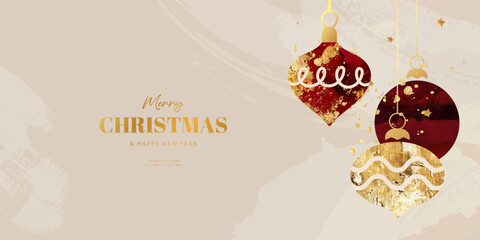 Luxurious Christmas banner with gold foil decorative ornament balls and artistic brush stroke texture for winter holiday backdrop, vector illustration.