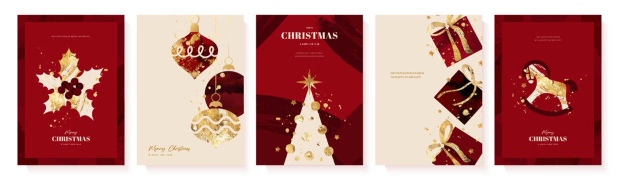 Set of holiday greeting card designs with red and gold Christmas design elements such as holly, Christmas tree balls, gift boxes, fir tree and rocking horse on abstract background, vector illustration