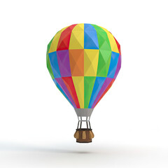 Fototapeta premium Vibrant low-poly 3D hot air balloon render. Geometric rainbow colors (red, orange, yellow, green, blue, purple) in stylized facets. Minimalist basket. Isolated on a pristine white background. Evokes j