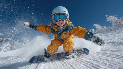 Young child snowboarding on a snowy slope under a clear blue sky enjoying winter sports