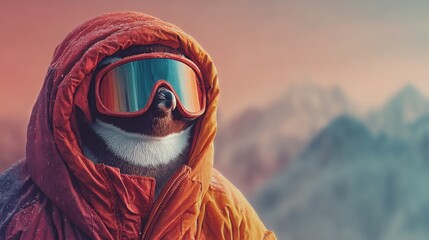 Penguin in snow gear with goggles standing against a mountain backdrop during sunset
