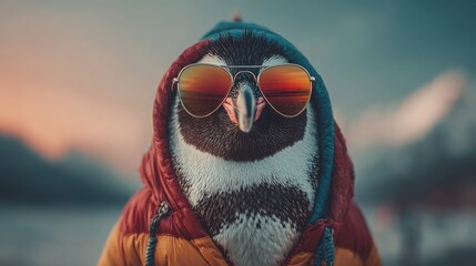 Penguin in sunglasses enjoys a colorful sunset on a chilly day at the beach