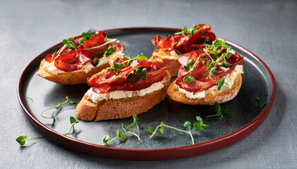 Baguette Slices With Bacon Red Pepper Watercress And Cream Cheese