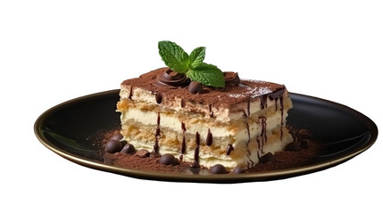 Tiramisu slice on dark plate
