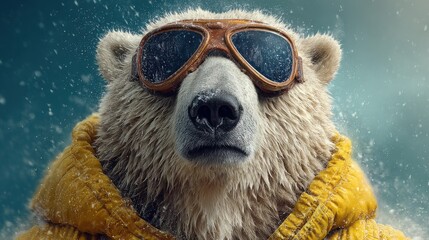 Polar bear wears sunglasses and a yellow hoodie while surrounded by snow in an Arctic environment
