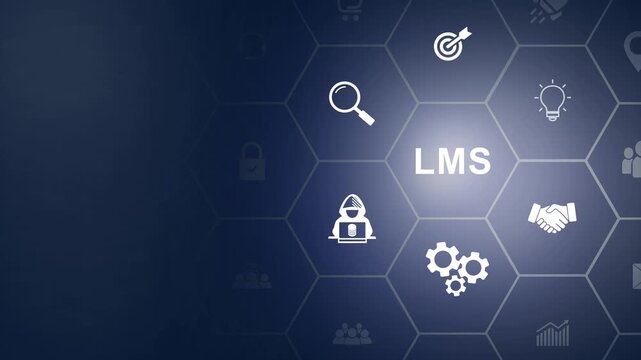 LMS Learning Management System concept. Hand holds wooden cube with LMS symbols on beautiful light background with copy space. Online business education. Electronic School icon background animation
