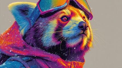 Colorful raccoon wearing ski goggles in snowy mountain environment with vibrant colors