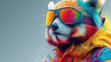 Colorful fox-like creature wearing sunglasses and a winter jacket in artistic display