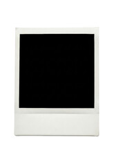 Aged instant photo print, vintage Polaroid style, blank black image, wide off-white border, subtle textures, angled on transparent background, concept of memory and time