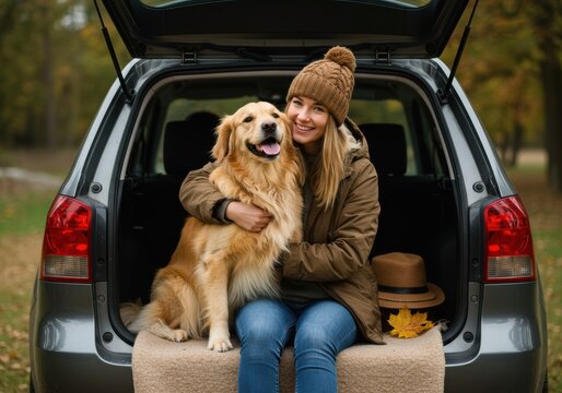 Woman and Golden Retriever dog sitting in car trunk