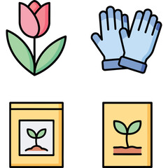 A vibrant collection of gardening-themed icons, featuring a pink tulip, protective gloves, and seedling seed packets, ideal for illustrating growth and horticulture projects.