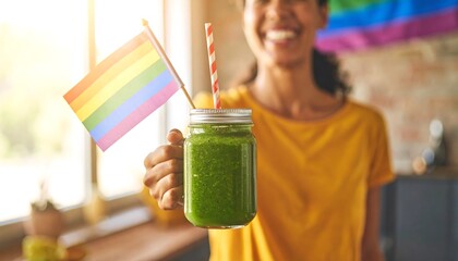 Smiling Person Holding Green Smoothie with a Rainbow Flag