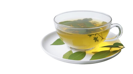 Transparent cup of tea with leaves