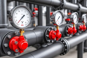 Industrial pressure gauges measuring fluid in pipe system